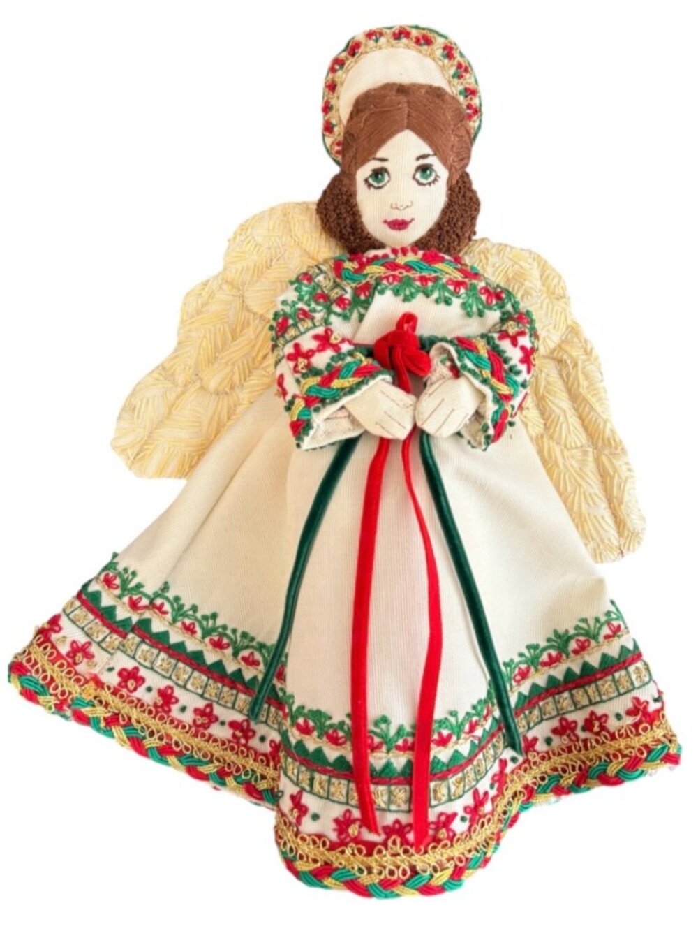 Vtg Folk Art Christmas Angel Tree Topper Embroidered Face And Clothing 11"